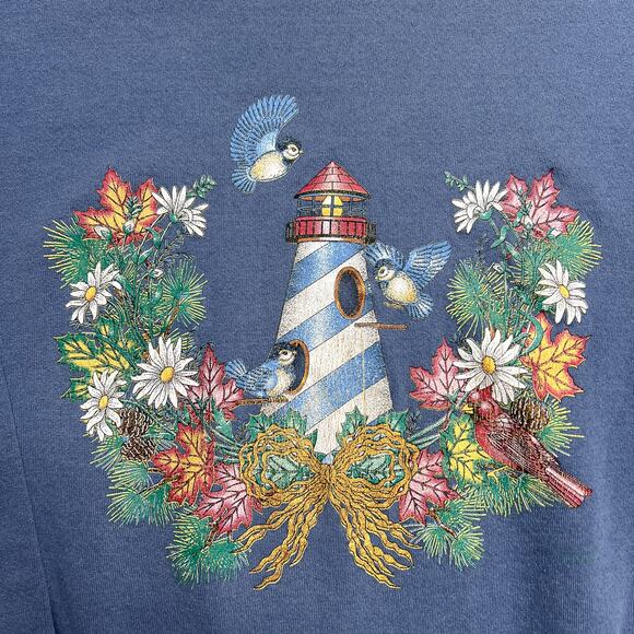 Vintage 90s Endless Design Floral Lighthouse Birds Crewneck Sweater Blue Cottage - Picture 2 of 6